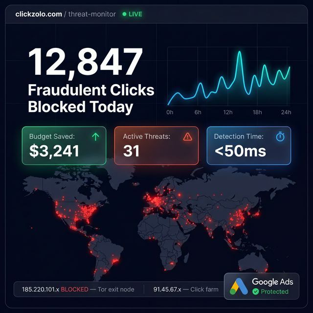 Clickzolo dashboard — 12,847 fraudulent clicks blocked